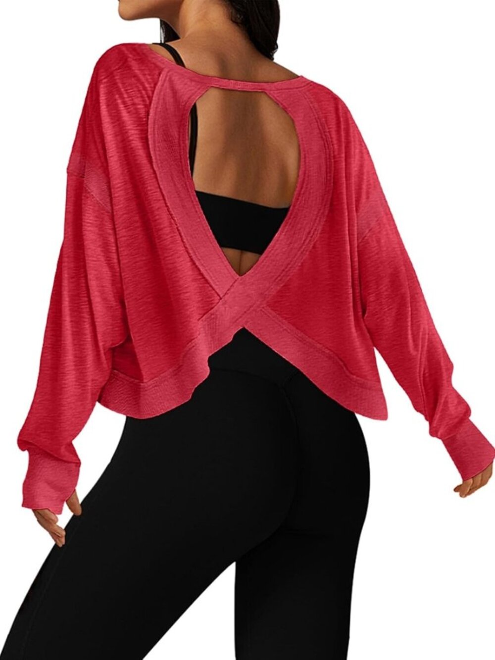Open Back Long Sleeve Cropped Workout Tops for Women - Athletic Gym & Yoga